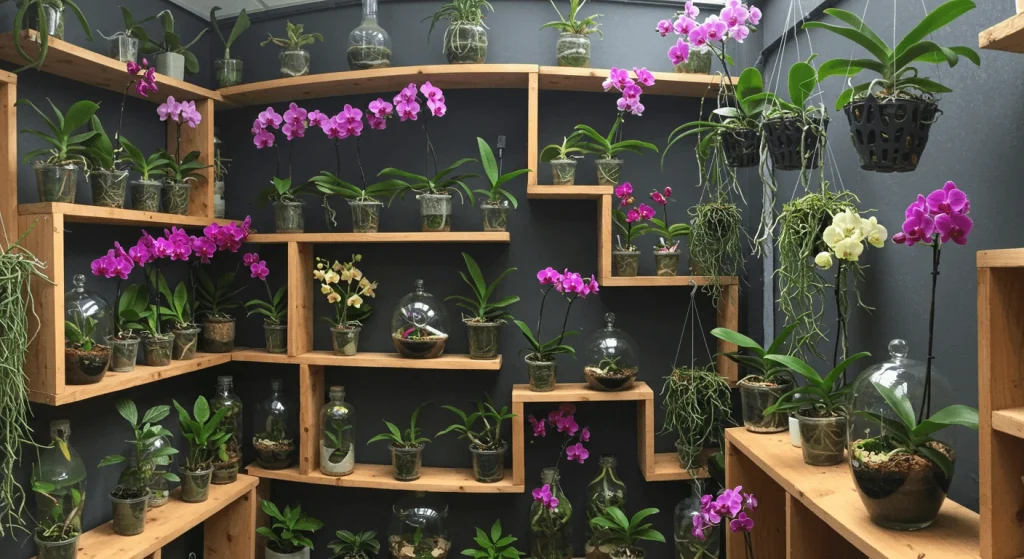 Creative orchid garden design with shelves, terrariums, and hanging planters.