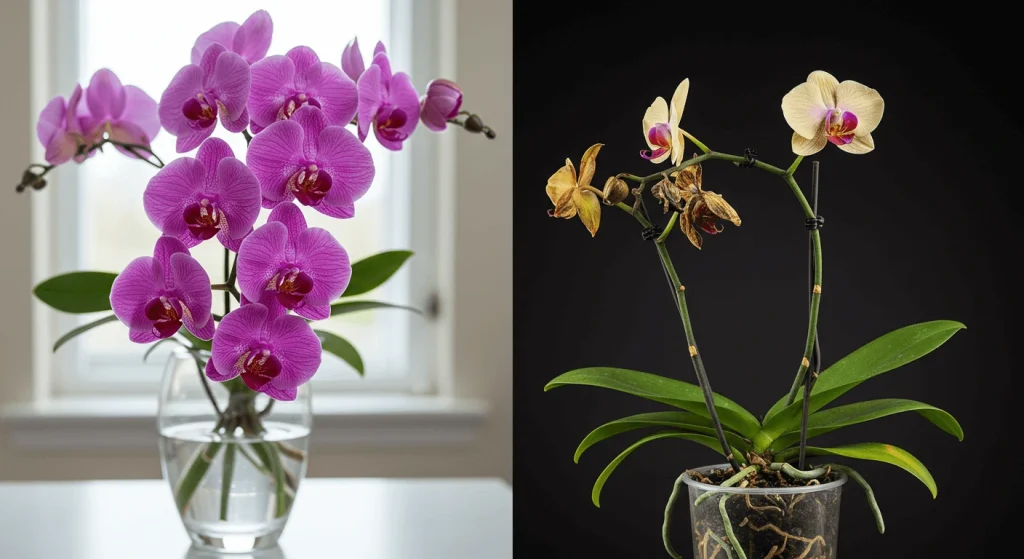 Healthy orchids versus overwatered orchids to illustrate common gardening mistakes.