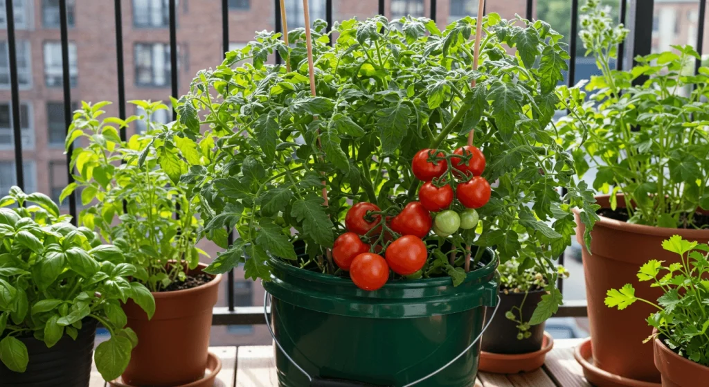 Thriving tomato plant growing in a 5-gallon bucket on a sunny balcony, perfect for urban gardening.