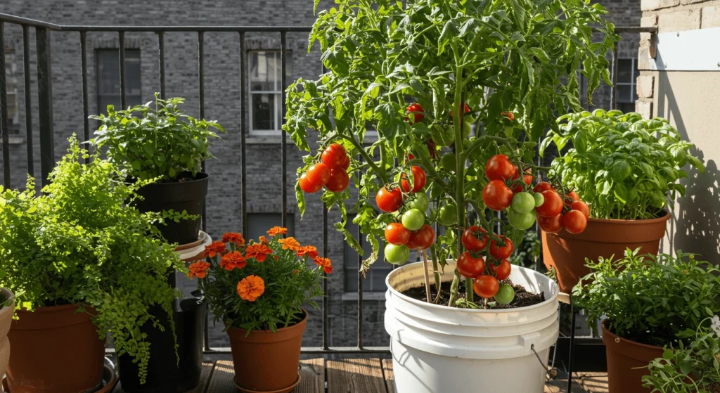 Thriving tomato plant in a 5-gallon bucket, perfect for urban gardening and small spaces.