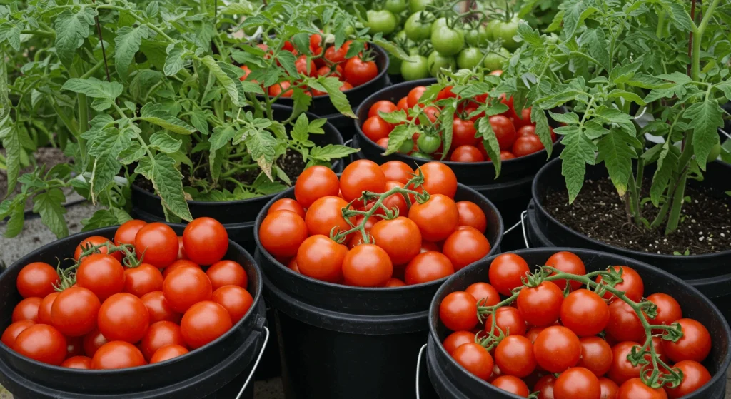 Variety of tomato plants growing in 5-gallon buckets, including cherry, Roma, and heirloom options.