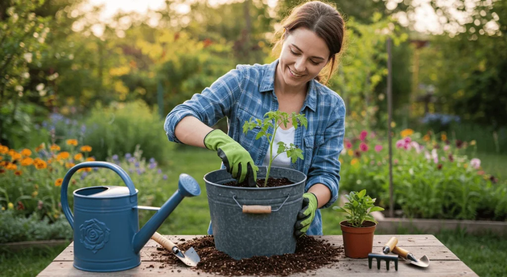 Gardener planting a tomato seedling in a 5-gallon bucket with proper soil and drainage.