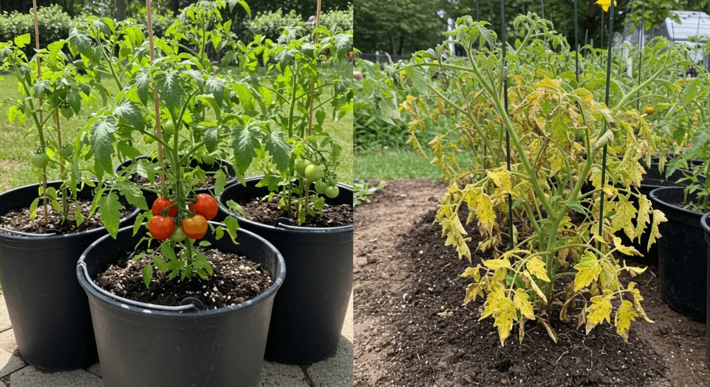 Healthy tomato plants versus overwatered plants to illustrate common mistakes in bucket gardening.