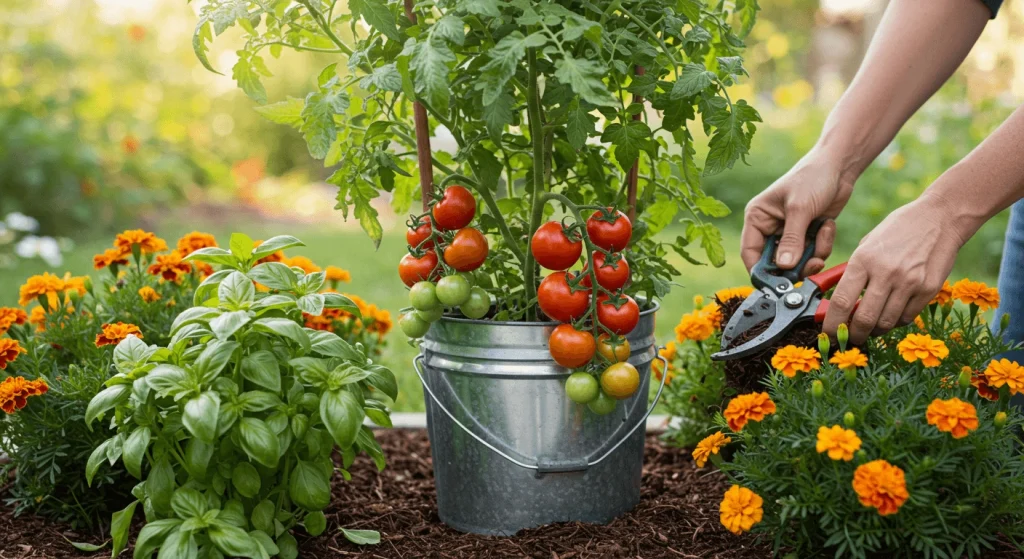 Tomato plant with companion herbs and mulch, showcasing tips for maximizing yield in buckets.