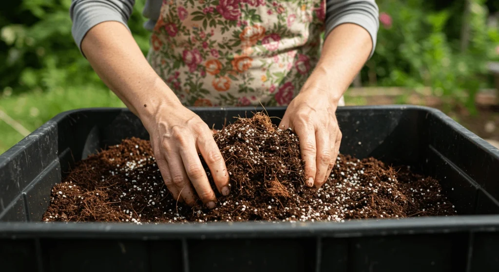 Gardener making DIY potting soil by mixing natural ingredients like coconut coir and compost.