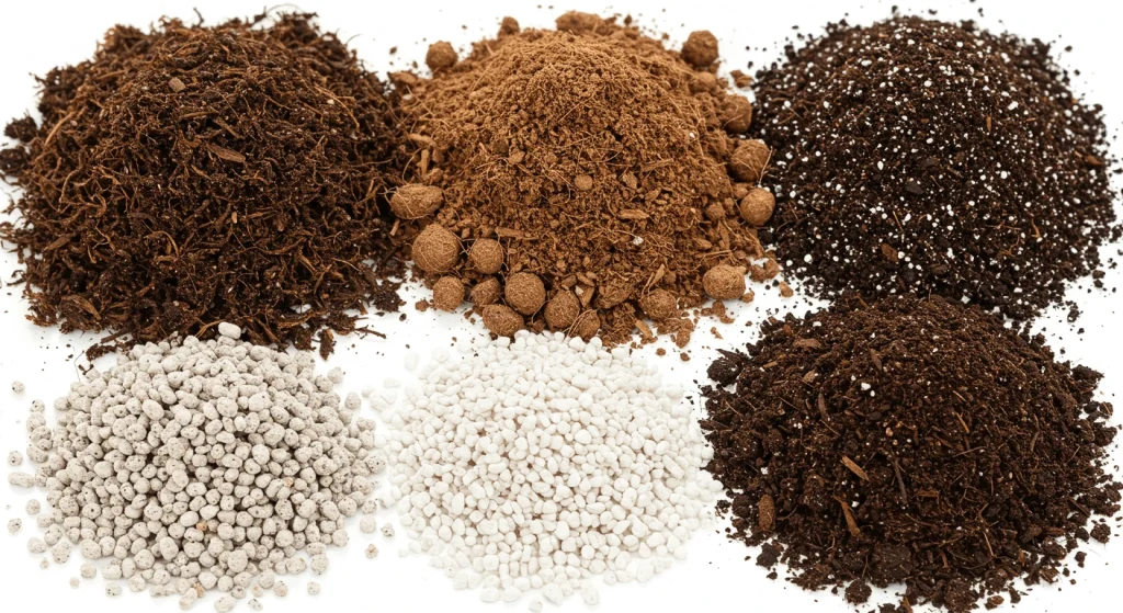 Essential ingredients for DIY potting soil, including coconut coir, perlite, and compost.