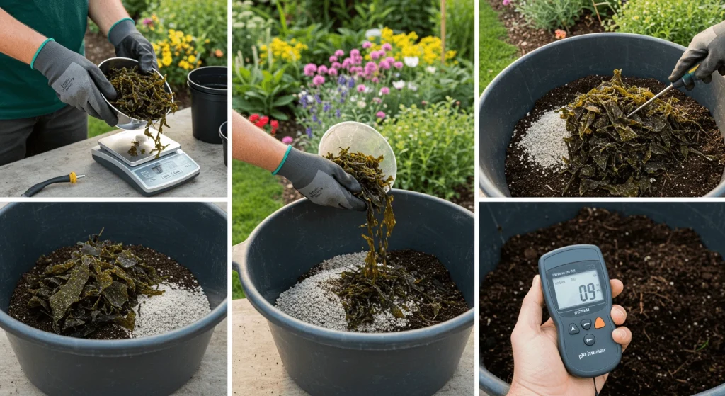 Step-by-step process of making DIY potting soil, from mixing to pH testing.