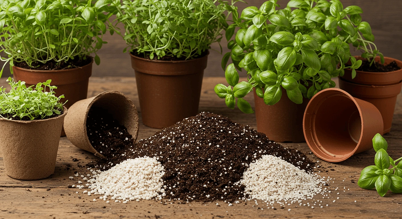 "A rustic wooden table with bowls of organic compost, perlite, and peat moss, a mixing bowl of homemade potting soil, fresh herbs, and potted plants, all bathed in soft natural light.