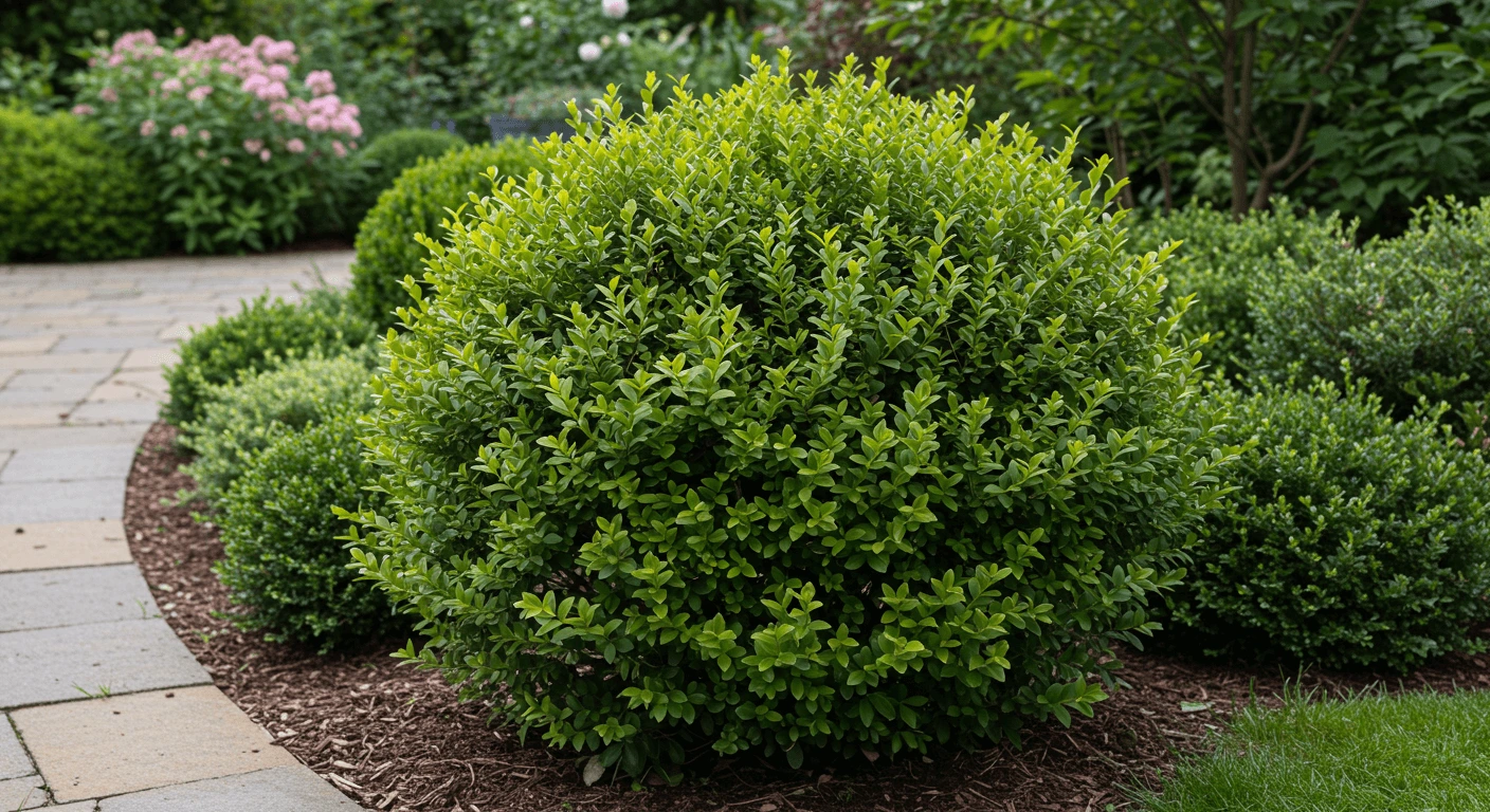 Healthy, neatly trimmed boxwood shrub in a lush garden with soft sunlight and a stone pathway in the background.