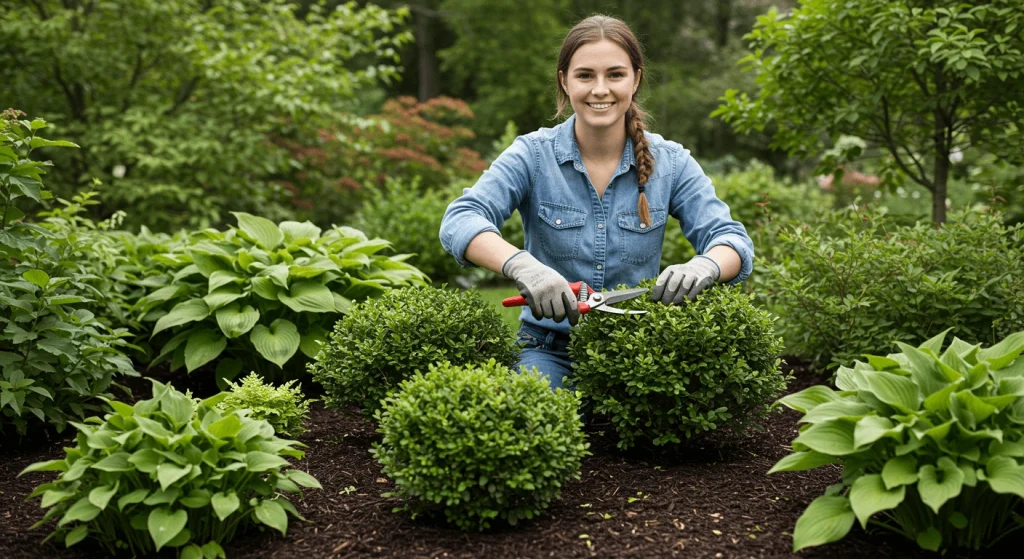 Gardener pruning boxwood plants to maintain their healthy growth and shape.