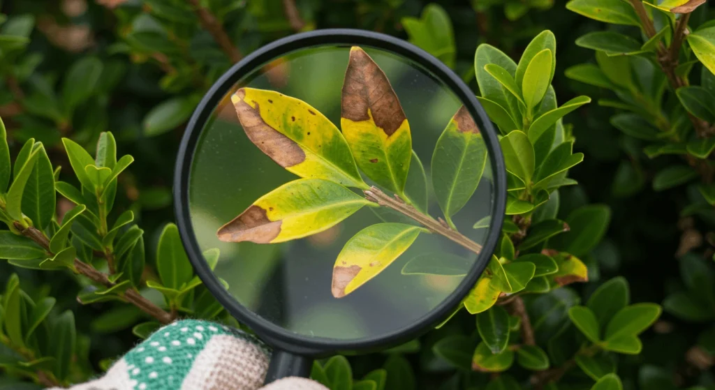 Close-up view of a boxwood shrub showing signs of disease and pest infestation