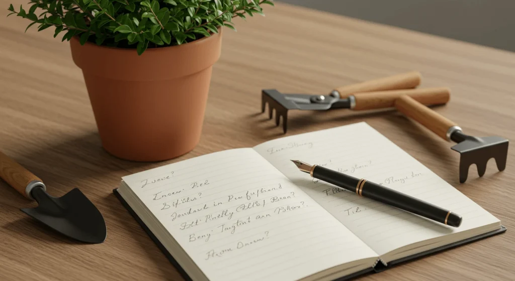 A boxwood plant with a notebook and pen, symbolizing FAQs about plant care.