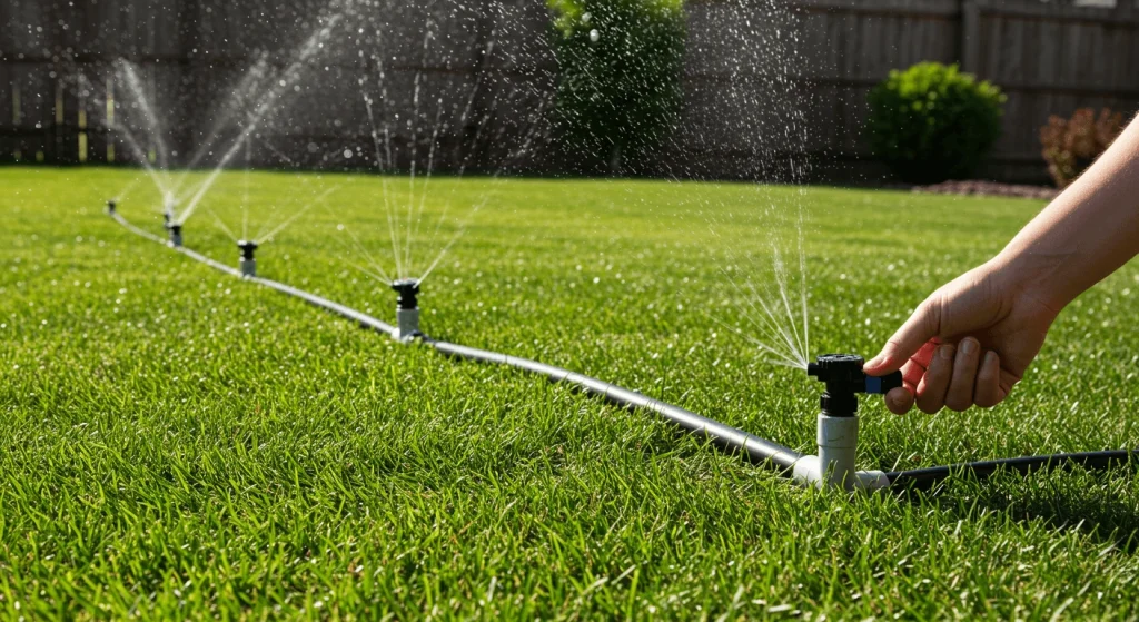 DIY water sprinkler system installation in a suburban lawn with PVC pipes and sprinkler heads.