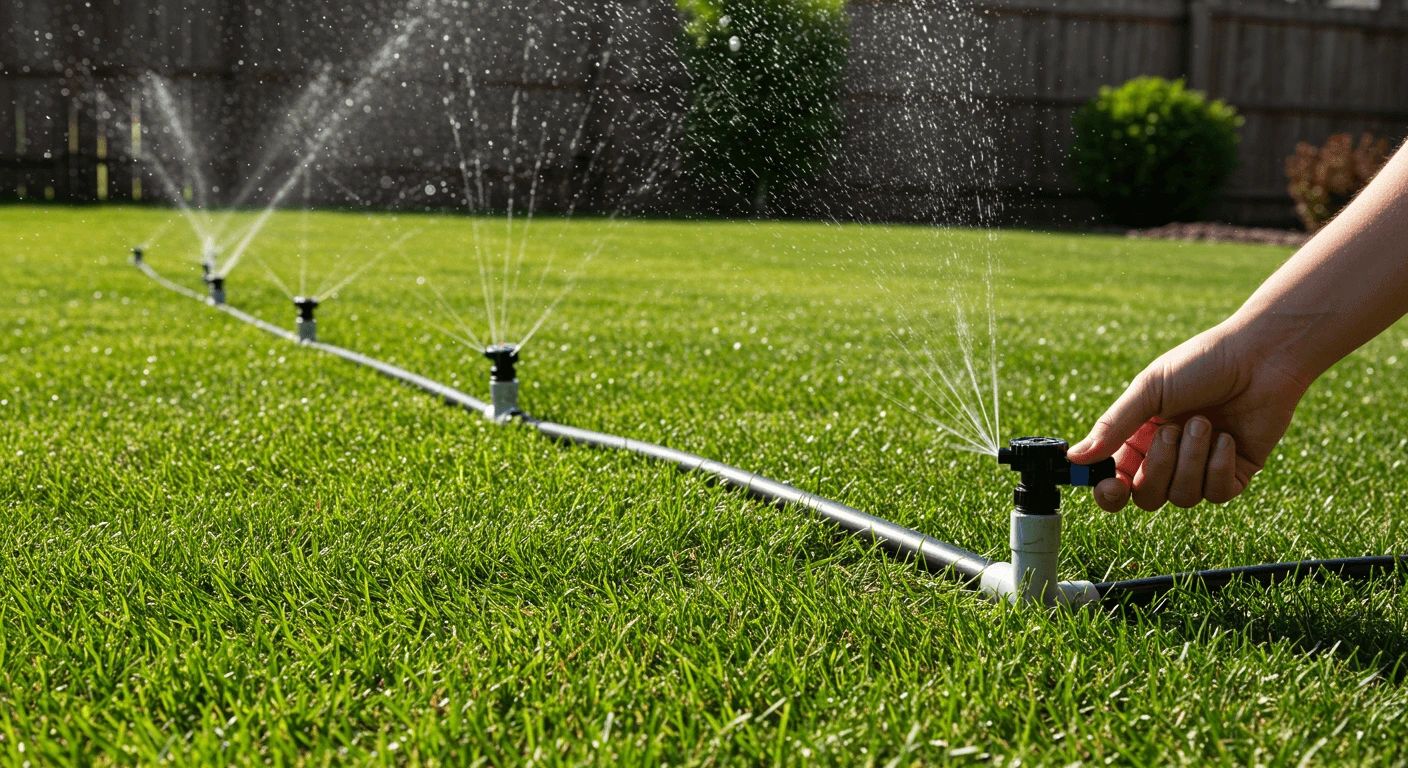 DIY water sprinkler system installation in a suburban lawn with PVC pipes and sprinkler heads.