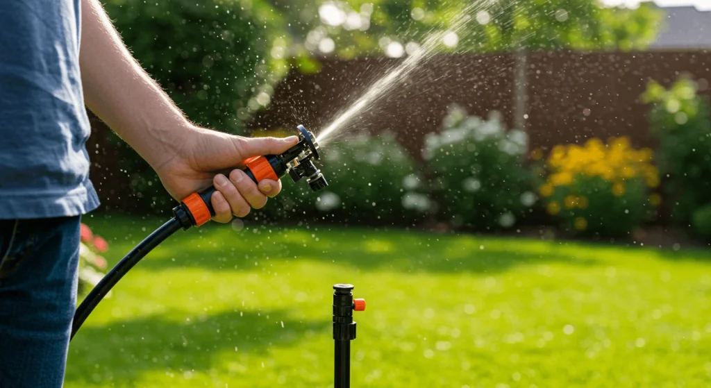 Homeowner preparing to install a sprinkler system in a lush garden.

