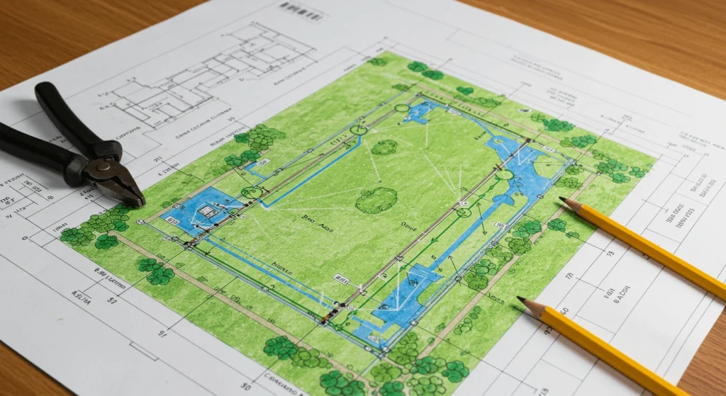 Planning the layout for a sprinkler system installation.

