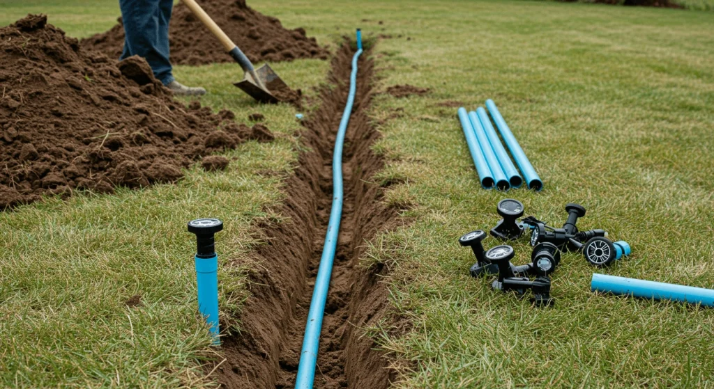 Digging trenches for sprinkler pipe installation in the yard.

