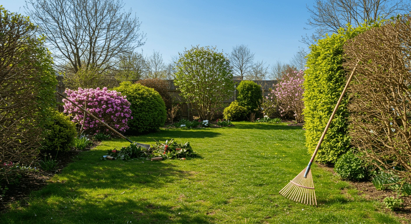 Spring yard clean-up with vibrant green lawn, trimmed bushes, blooming flowers, and garden tools