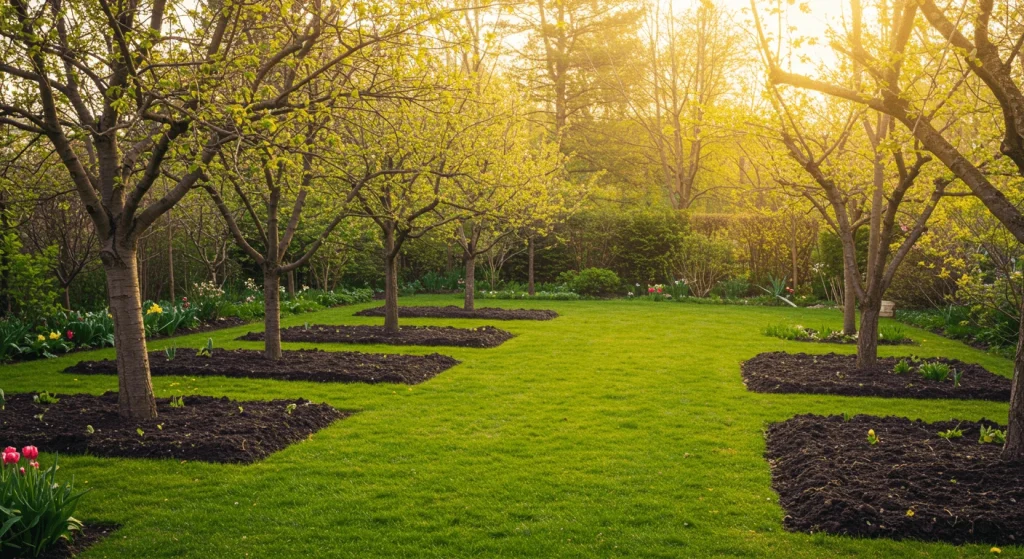 Neatly maintained garden after a spring yard clean-up, with pruned trees and clean lawn.