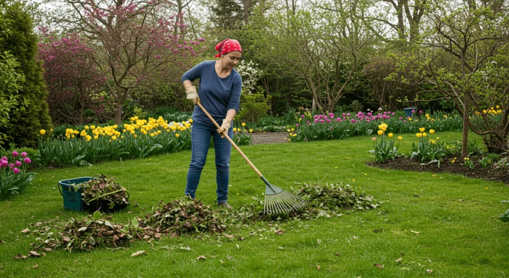  Gardener cleaning up the yard during spring maintenance, raking leaves from the lawn.