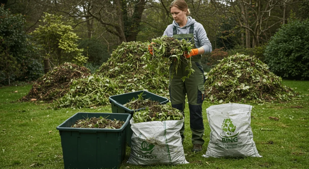 Sorting yard waste into compost bins and bags during spring clean-up.