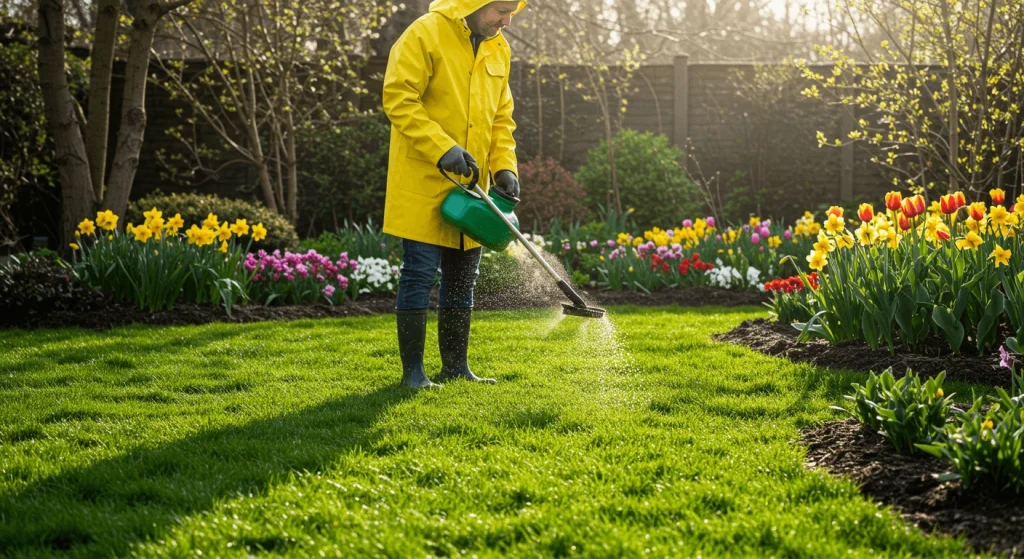 Gardener applying fertilizer to a lush lawn with blooming flowers in the background.