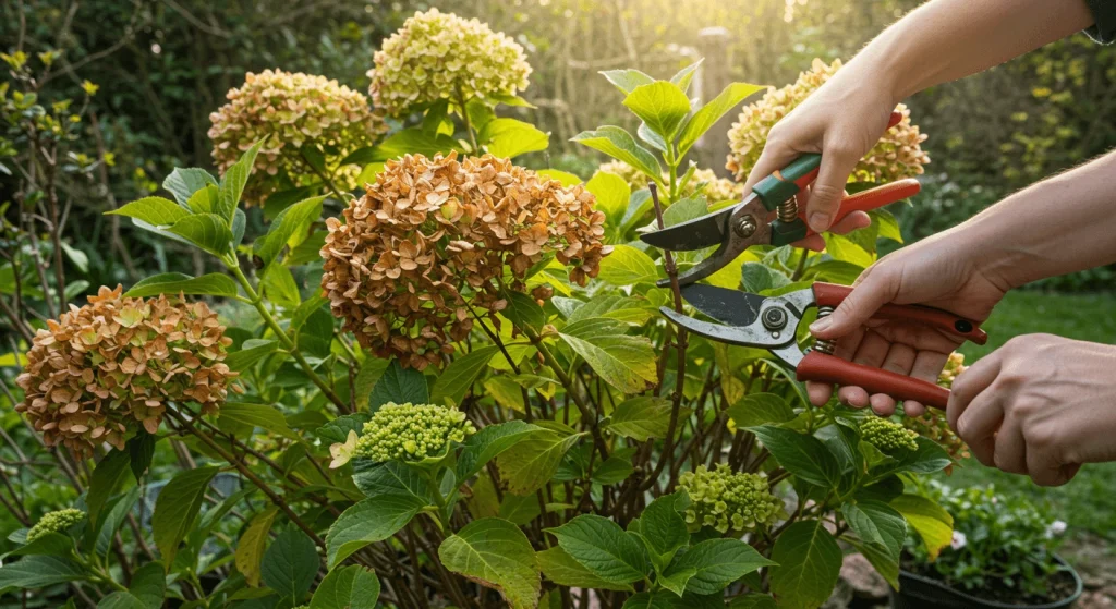 A gardener pruning a hydrangea bush in early spring, cutting dried stems to encourage new growth.