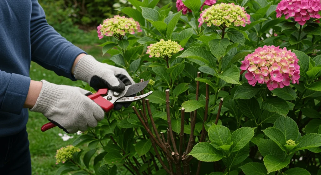 Pruning hydrangeas in spring to promote healthy growth and blooming.