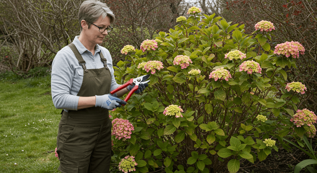 Identifying the right time to prune hydrangeas in spring by looking for new growth.