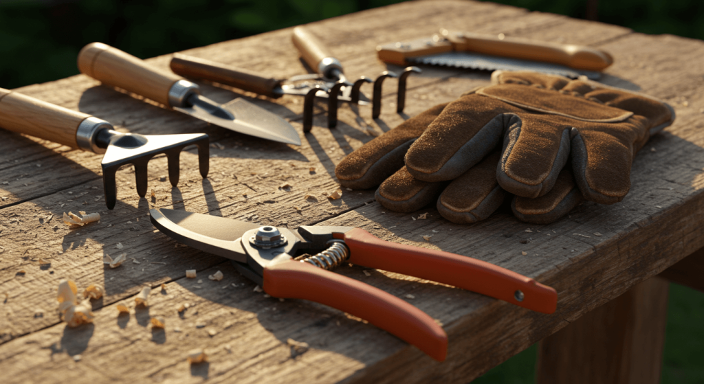 Gardening tools such as sharp pruning shears for trimming hydrangeas in spring.