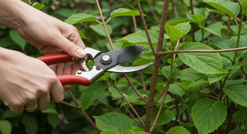 Gardener pruning hydrangea branches following step-by-step guide for different types of hydrangeas.