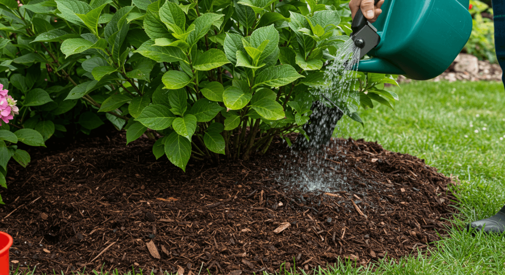 Gardener mulching and watering hydrangeas after pruning to prepare for summer blooms.