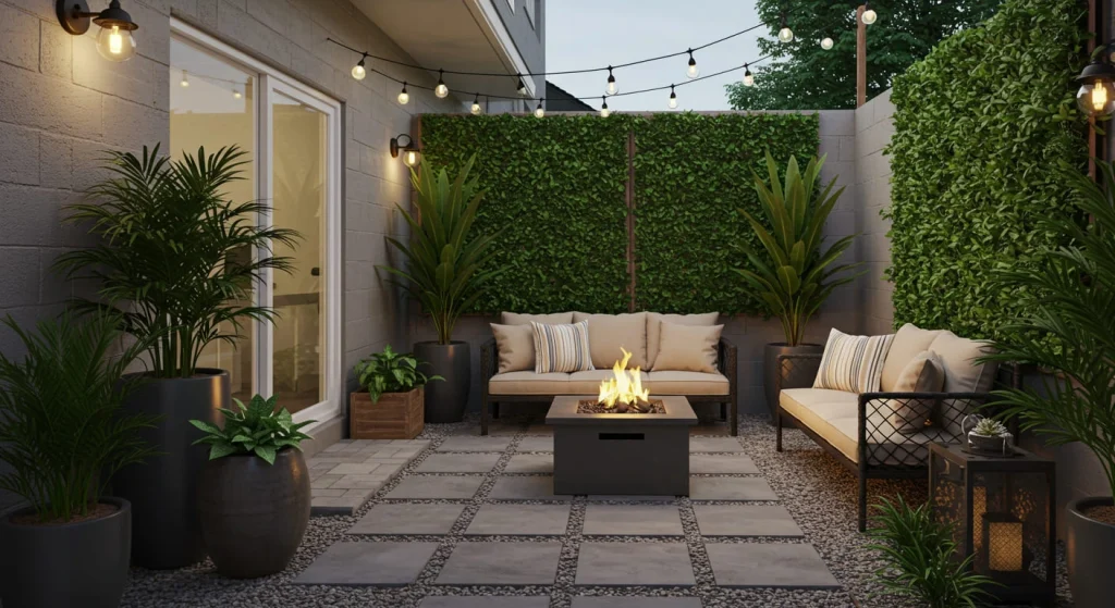 Cozy small patio with lush potted plants, string lights, and a fire pit, featuring a vertical garden and paver flooring.