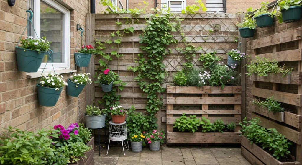 Vertical gardening setup with hanging planters, a trellis, and a pallet garden on a small patio.