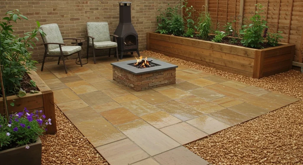 Small patio with stone pavers, gravel accents, a raised garden bed, and a fire pit.