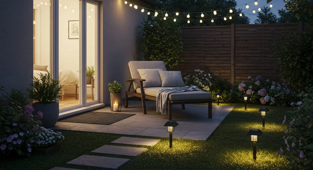  Small patio glowing with solar pathway lights, LED string lights, and cozy decor.