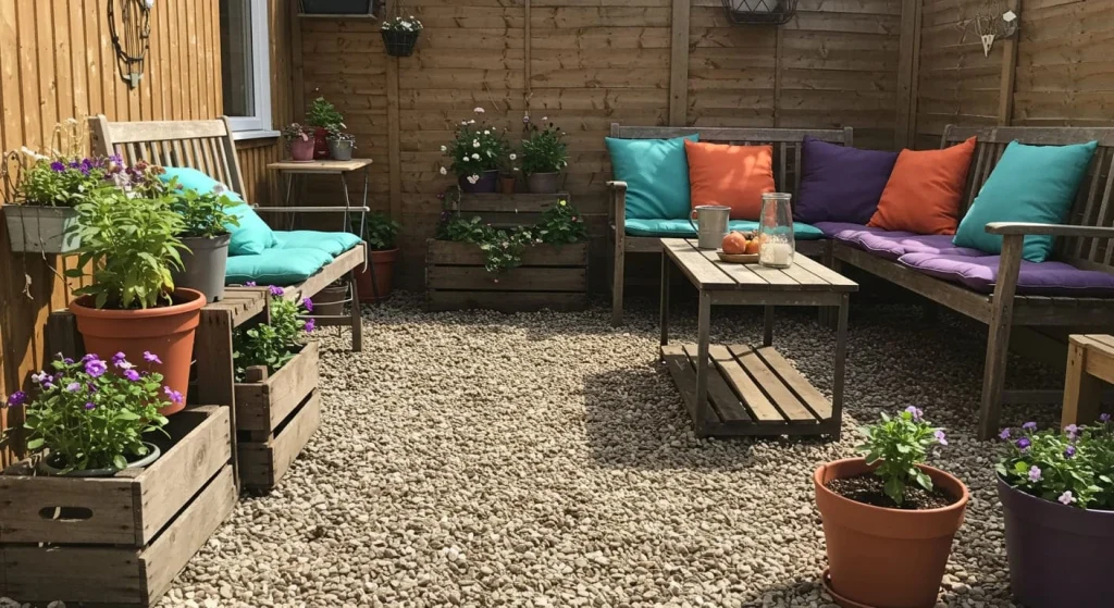  Budget-friendly small patio with upcycled furniture, repurposed planters, and a DIY gravel path.