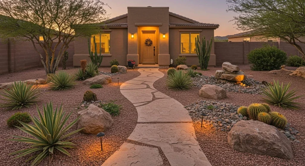 Stunning desert landscaping front yard with cacti, succulents, and decorative rocks.