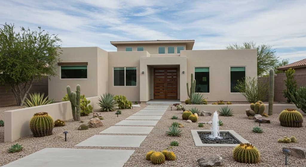 Modern desert landscaping front yard with xeriscape design and stone pathways.