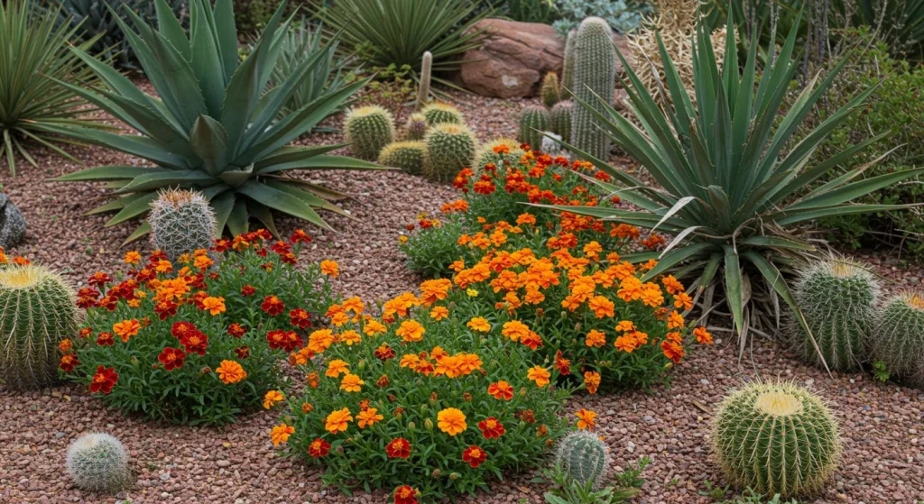 Desert garden featuring agave, yucca, and desert marigold in a front yard setting.