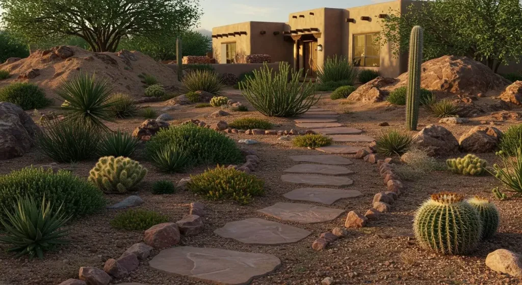 Low-maintenance desert garden with gravel pathway, decorative rocks, and artificial turf.