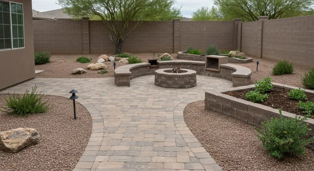 Desert landscape with paved pathway, fire pit seating, and raised garden beds.