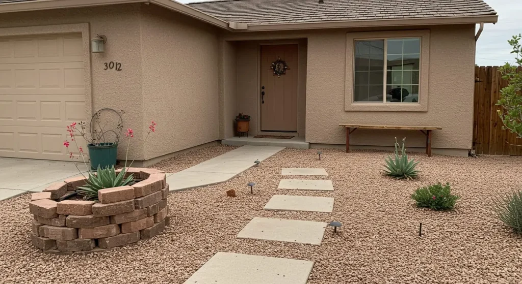 Budget-friendly desert landscaping front yard with repurposed materials and native plants.