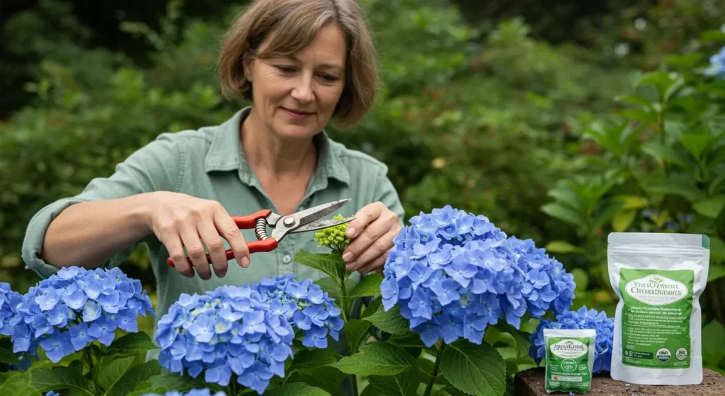 Proper pruning and care for blue hydrangeas to ensure healthy blooms.