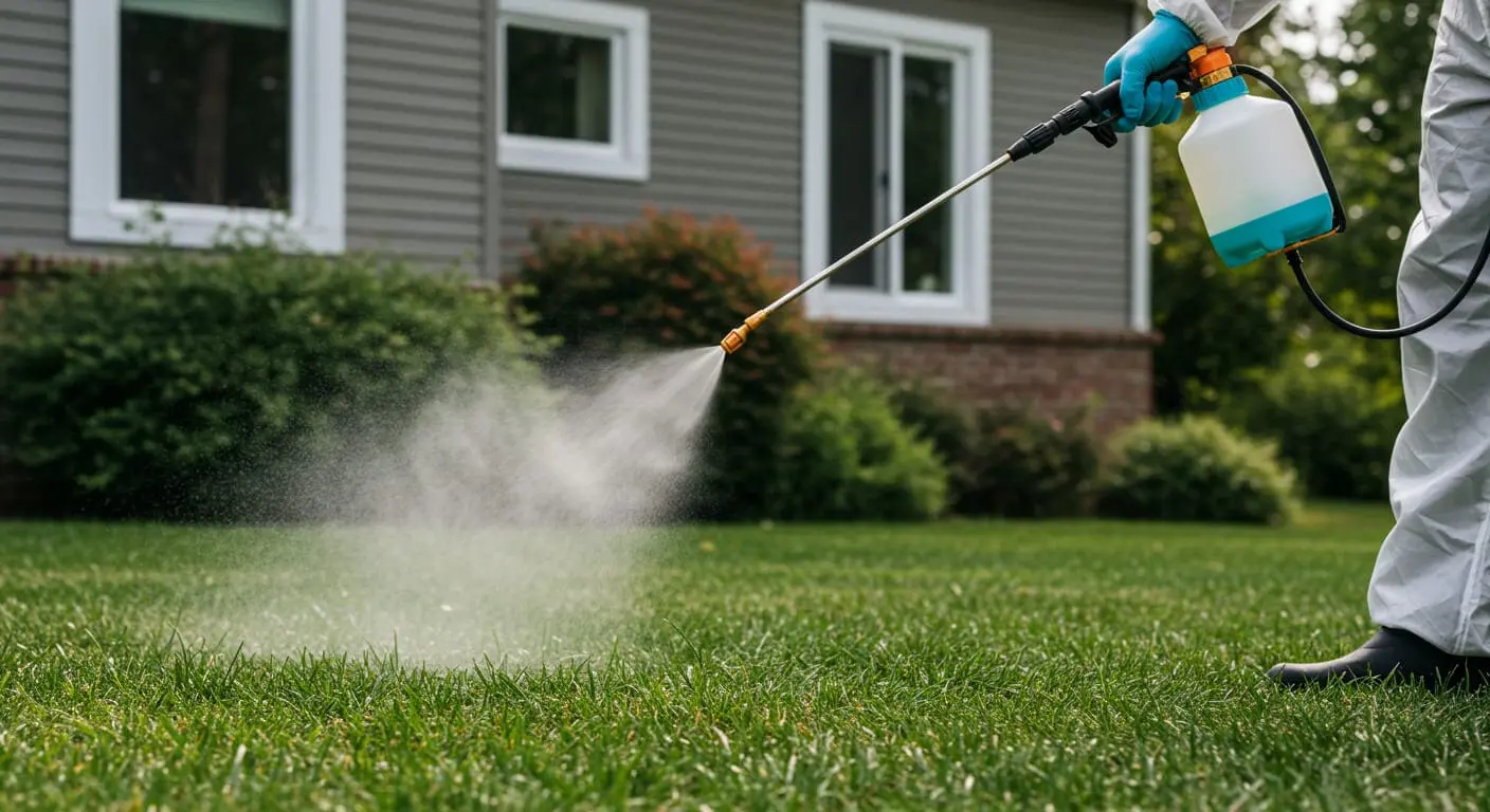 Exterminator spraying pest control treatment around a house foundation