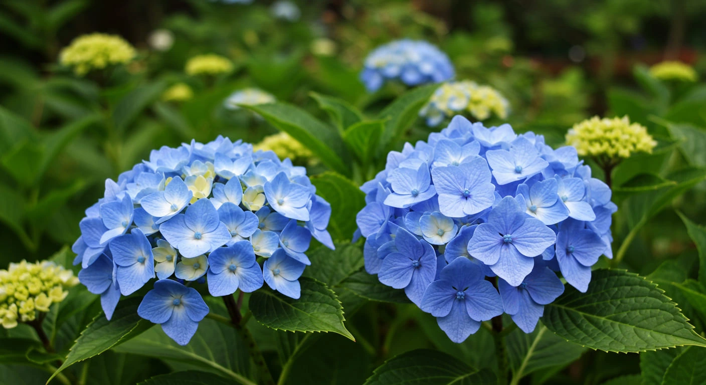 Blooming blue hydrangeas in a garden.