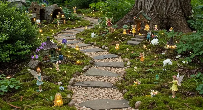 DIY fairy pathway made of stones, moss, and greenery leading to a tree, with fairy figurines and decorative elements.