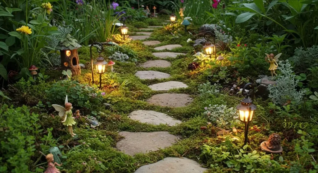 A magical DIY fairy pathway made of stones and moss in a lush garden with tiny fairy figurines and soft lighting.

