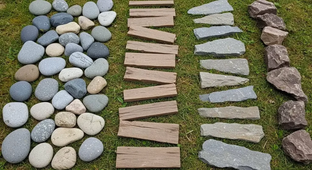 Natural materials like pebbles, moss, and wooden planks for creating fairy pathways.

