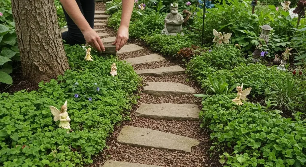 Step-by-step process of building a fairy pathway with stones from a tree to the garden.


